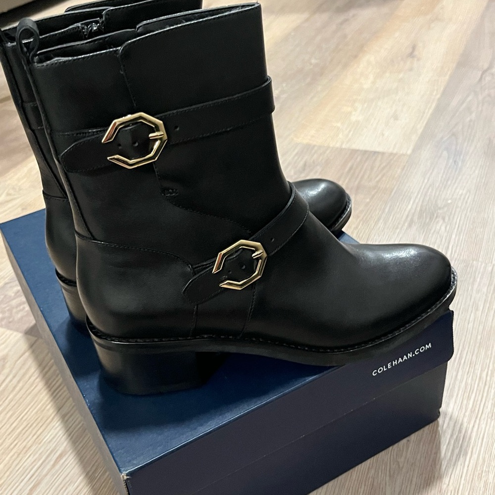 Cole Haan Black Ankle Booties with Gold Accents (LEELA Grand Motoboots, Size 7.5